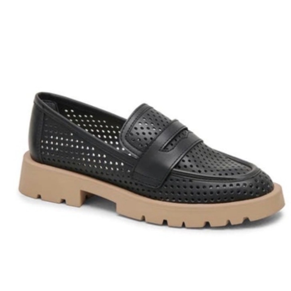 Dolce Vita Black‎ Perforated Leather Lug Sole Penny Loafers Size 8.5